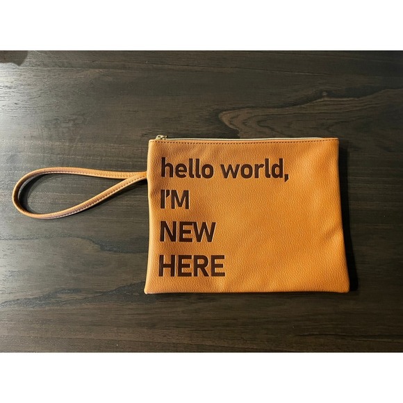 Tan Faux Leather Wristlet Clutch Bag Hello World I'm New Here Zipper - Picture 1 of 3